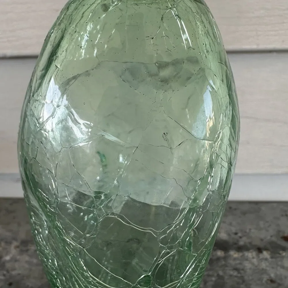Vintage Pier 1 Green Crackle Glass Oil Lamp Base Vessel Urn Candle Holder 8”